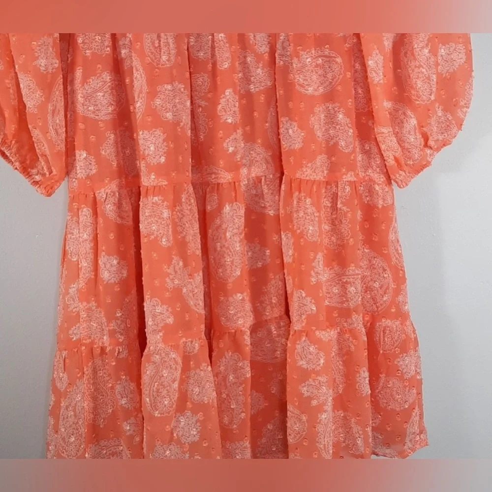 Skies Are Blue Tiered Smocked Bodice Babydoll A-Line Mini Dress SZ M Coral - Picture 11 of 12